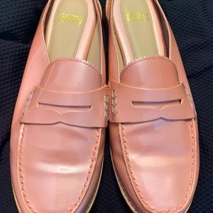 Pink patent leather slide penny loafers